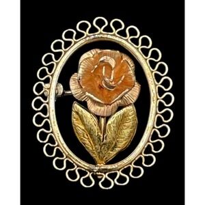 Vintage Krementz Gold Tone Rose Flower Oval Brooch Pin Women's Jewelry